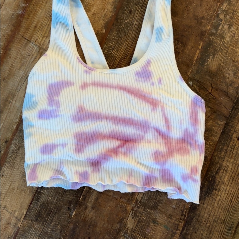 Spiritual Gangster White Ribbed Cropped Tank with Pink & Blue Tie-Dye